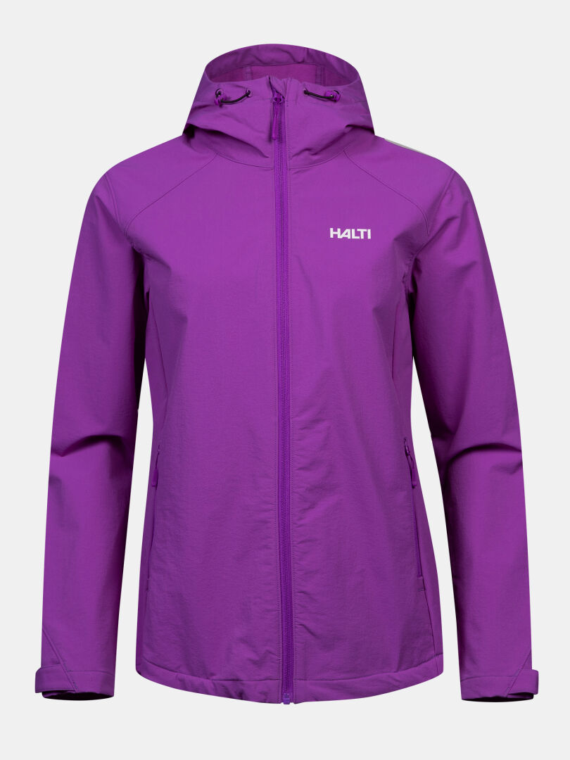 Halti Finholma X-stretch women’s jacket in purple with hood, windproof stretch fabric, zip front, pockets, and chest logo.