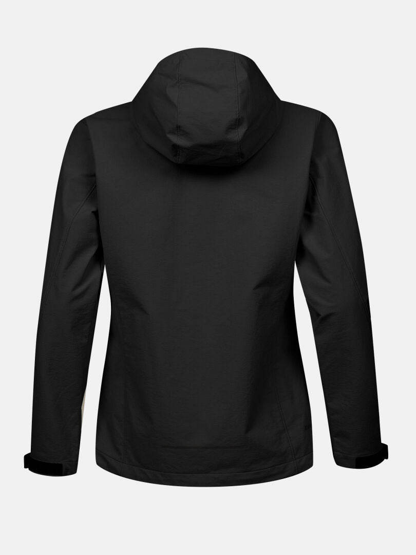 The Halti Finholma X-stretch Jacket Womens, black, is shown from the back on a plain light gray background.