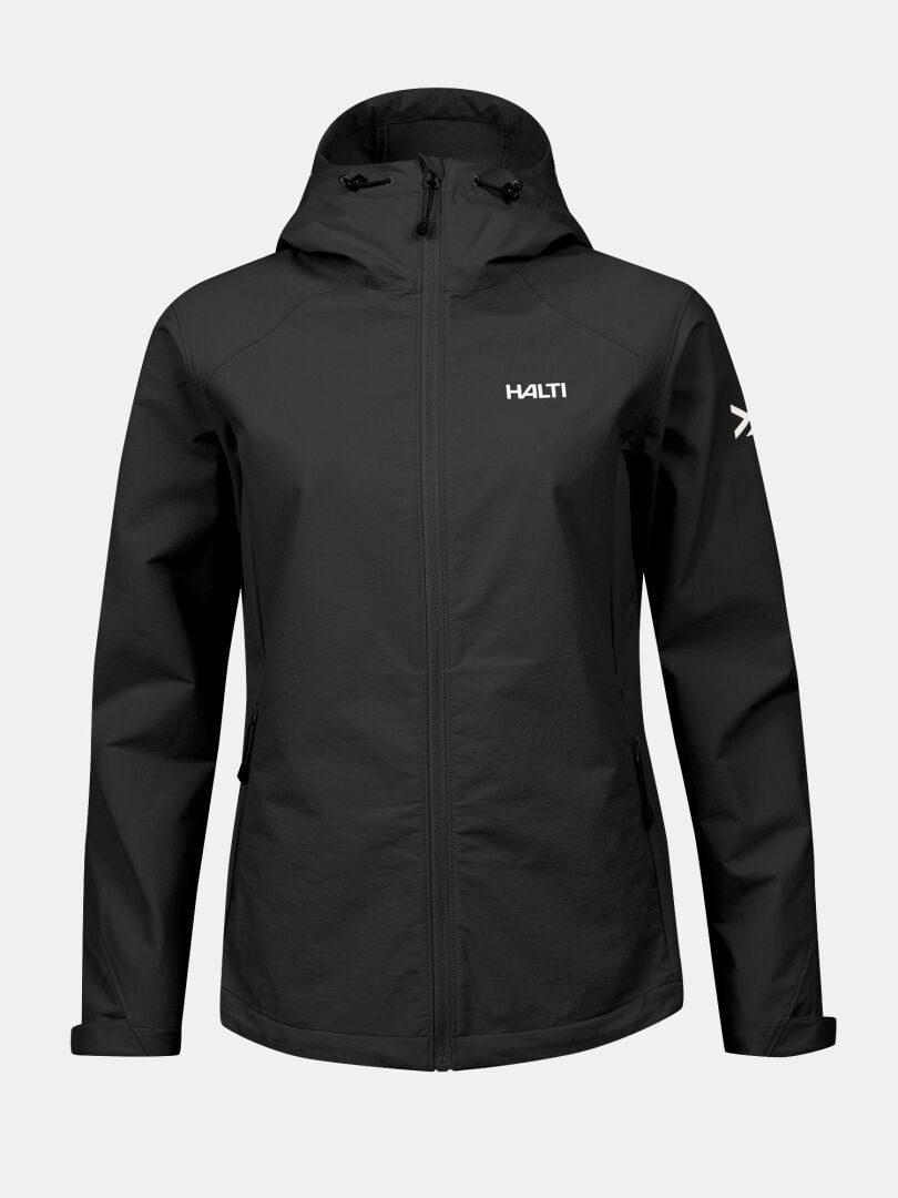 Halti Finholma X-stretch womens jacket, black, windproof with front zipper, two pockets, logos on chest and sleeve.