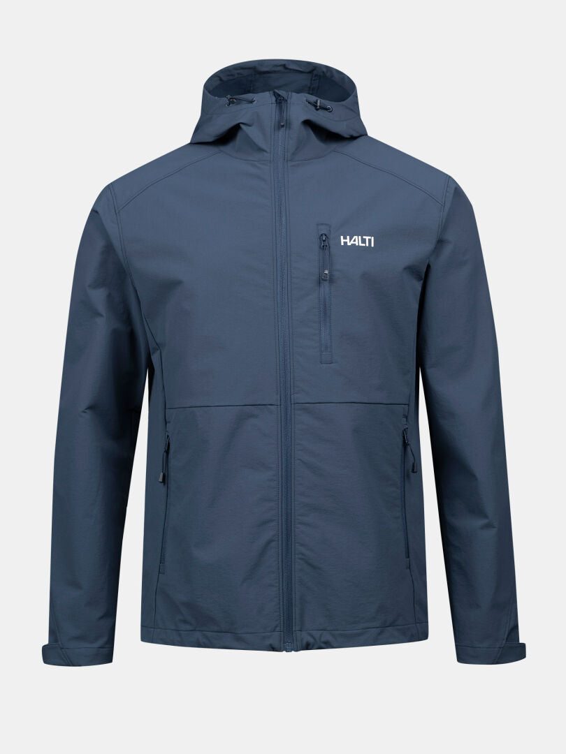 Halti Finholma X-stretch Jacket Mens: blue, lightweight, windproof, 3 pockets, front zipper, logo on chest.