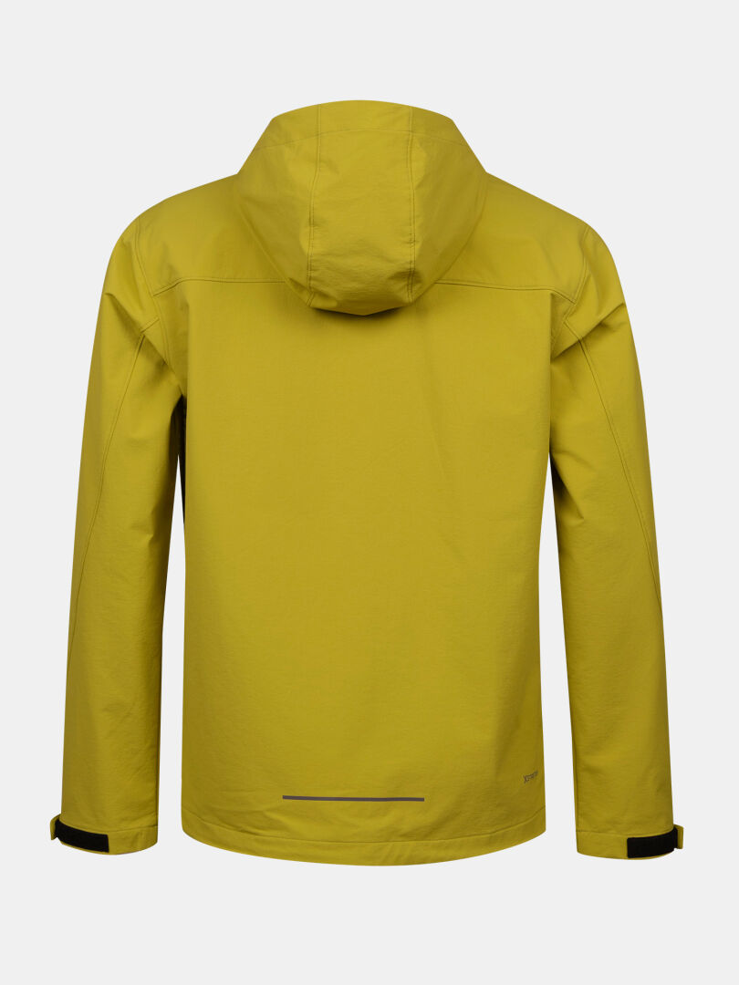 The Halti Finholma X-stretch Jacket Mens is yellow, windproof, with long sleeves and adjustable cuffs, shown from the back.