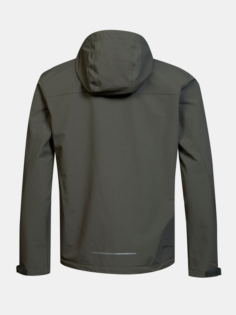 The Halti Finholma X-stretch Jacket Men’s in dark gray, shown from the back, features windproof stretch fabric.