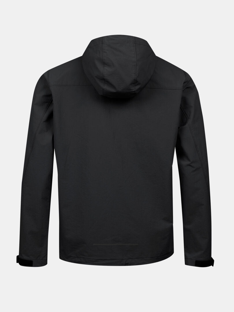 The Halti Finholma X-stretch Jacket Mens is black, lightweight, with long sleeves and adjustable Velcro cuffs shown from the back.