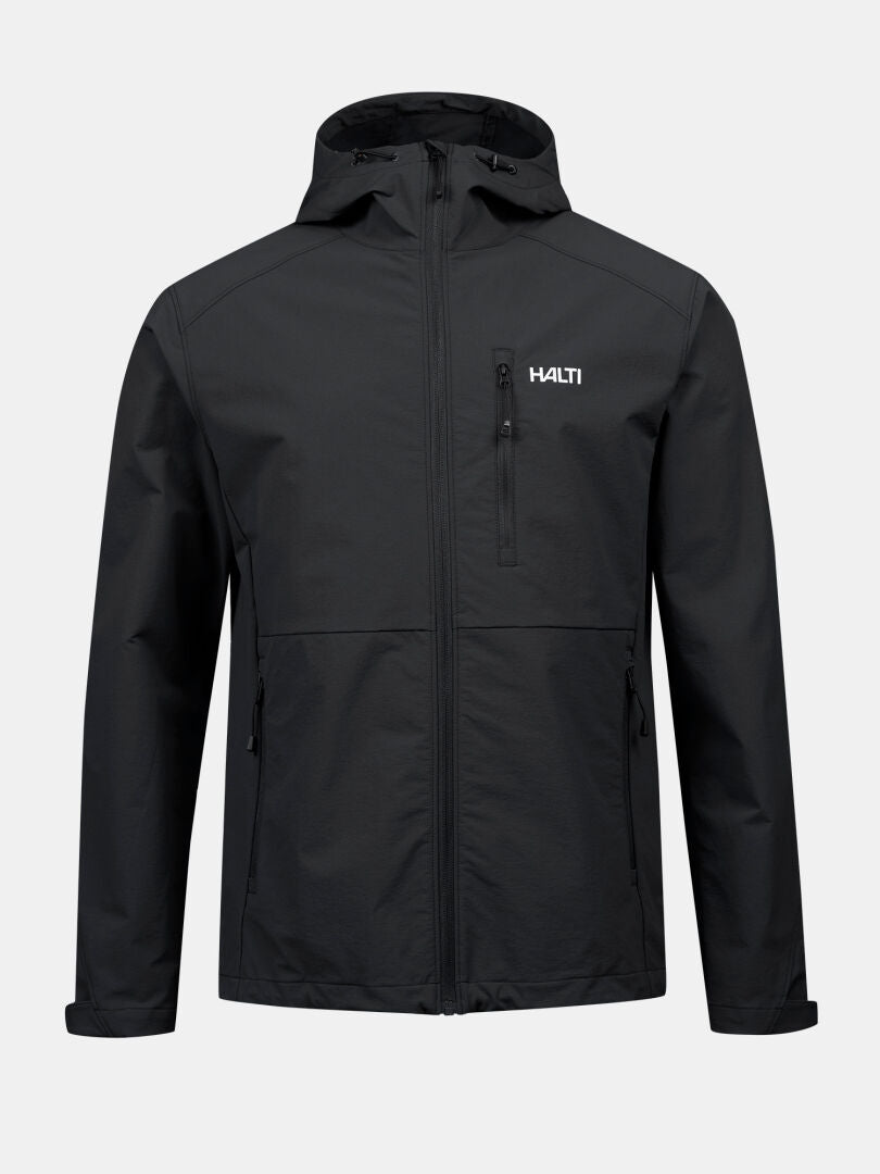 The Halti Finholma X-stretch Jacket Mens is lightweight, windproof, with a front zipper, chest pocket, and logo.
