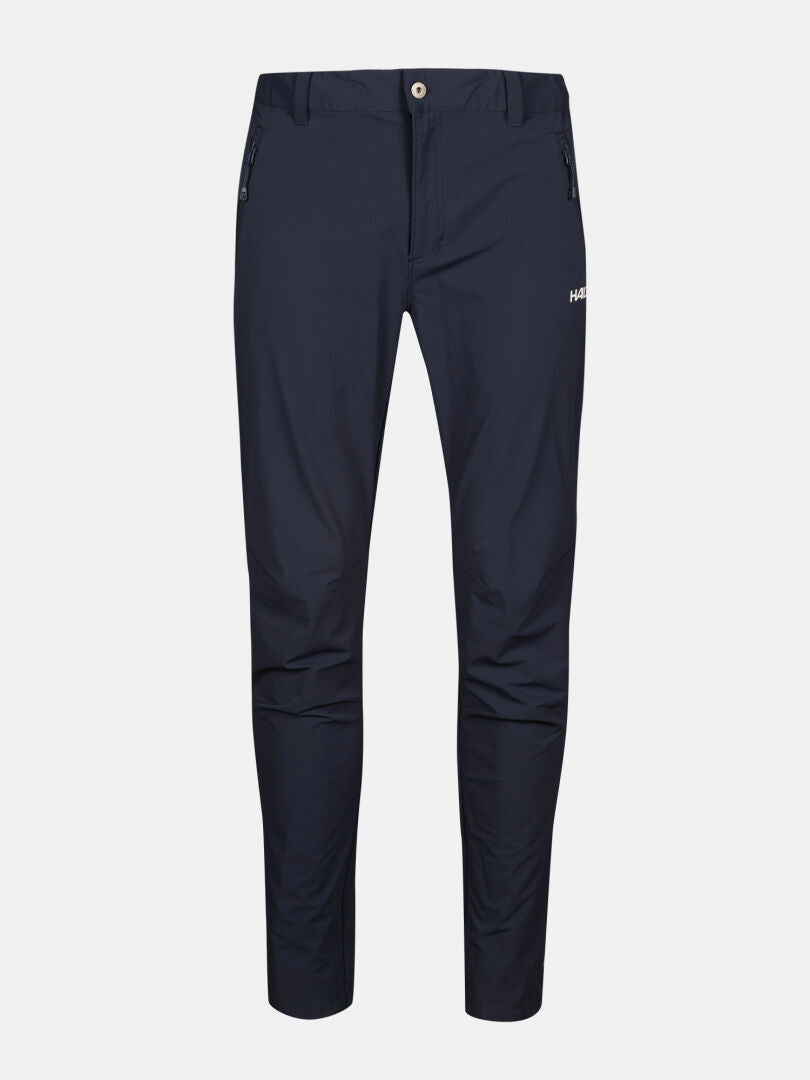Halti Finholma X-stretch Mens navy slim-fit pants with zipper pockets and button closure on a white background.