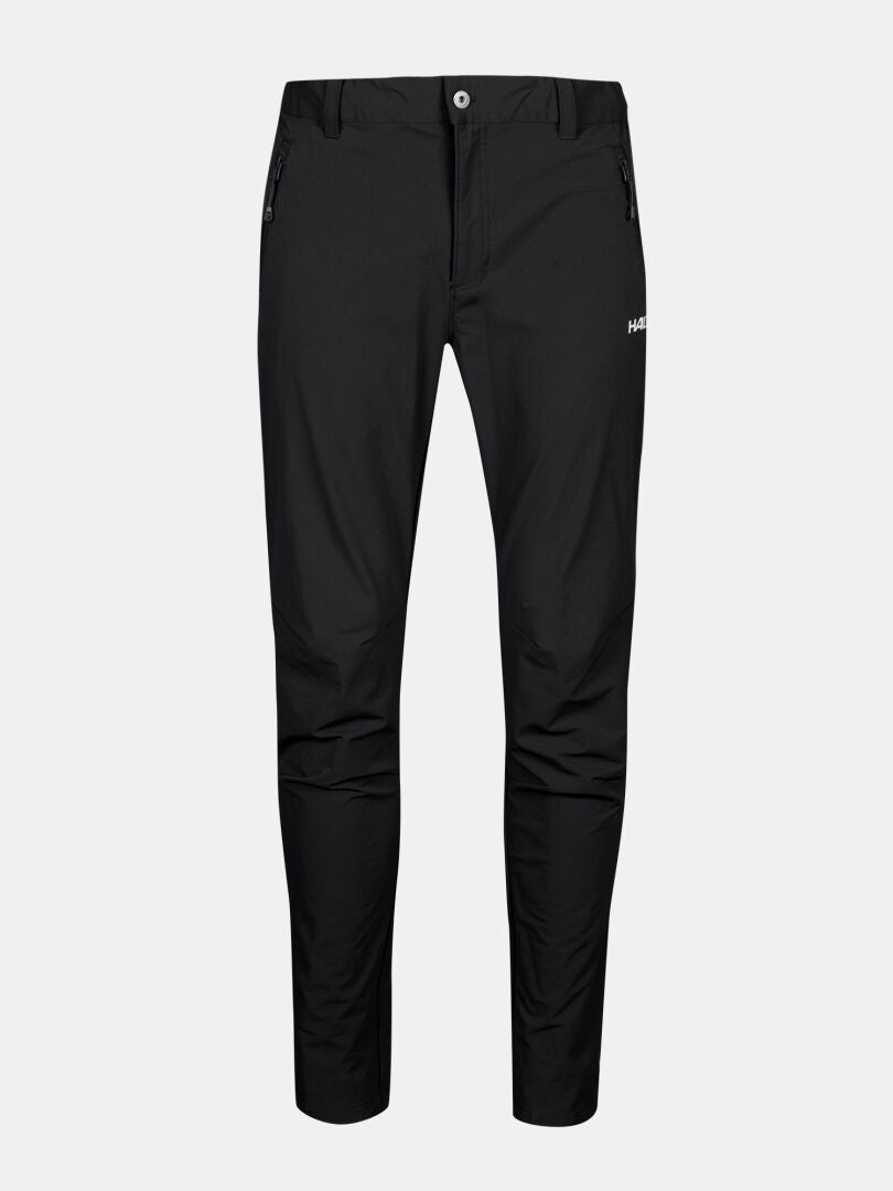 Halti Finholma X-stretch Mens pants in black, slim-fit with zip pockets and button closure, shown on a plain light background.