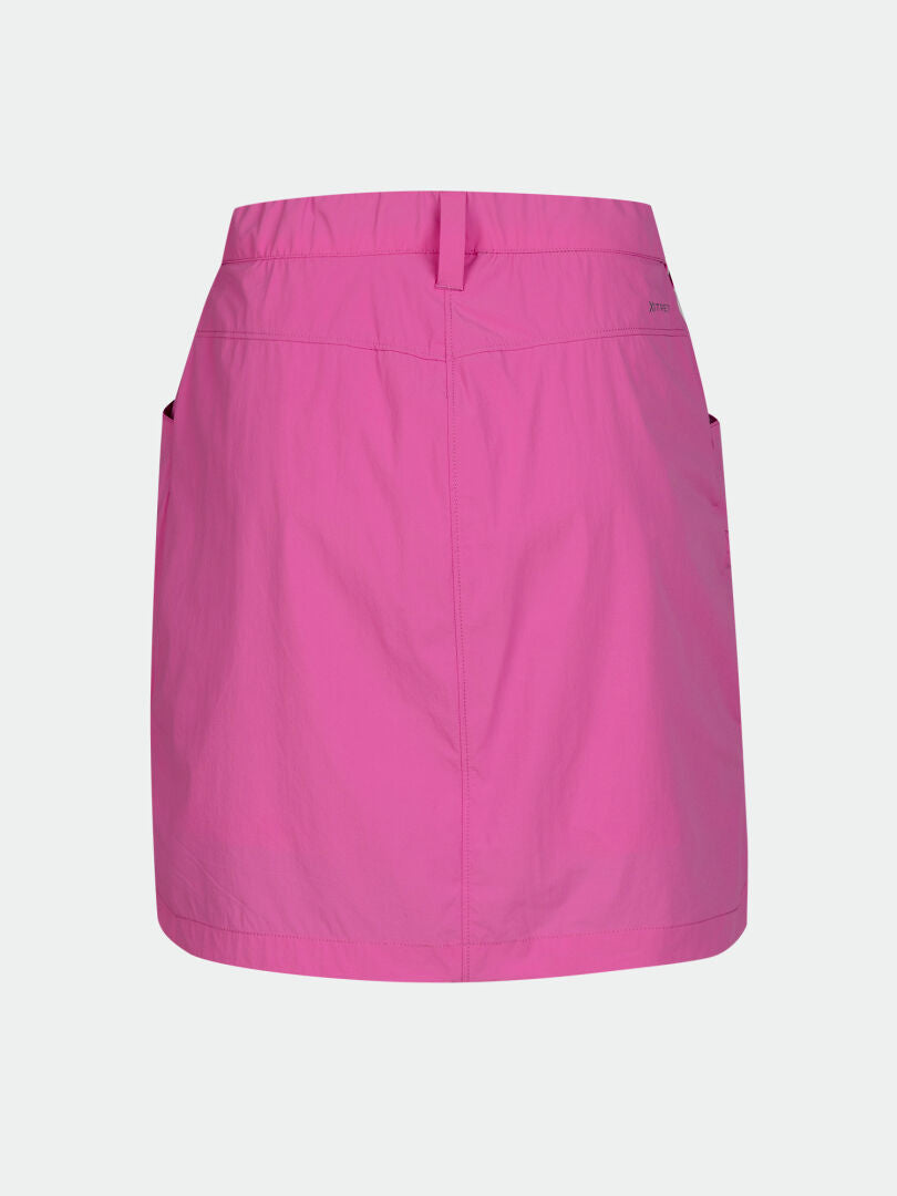 The Halti Pallas Cool Skort Women's is a bright pink, knee-length skort with waistband and belt loops on display.