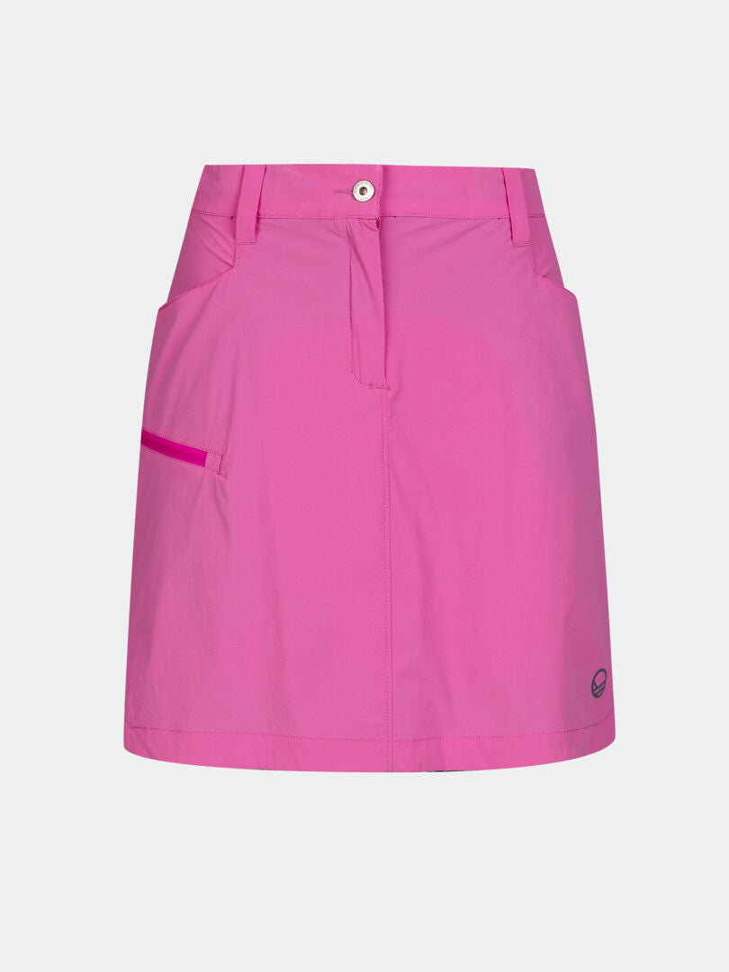 Halti Pallas Cool Skort Women's: pink, with belt loops, front button, side pockets, logo near hem, quick-dry fabric.