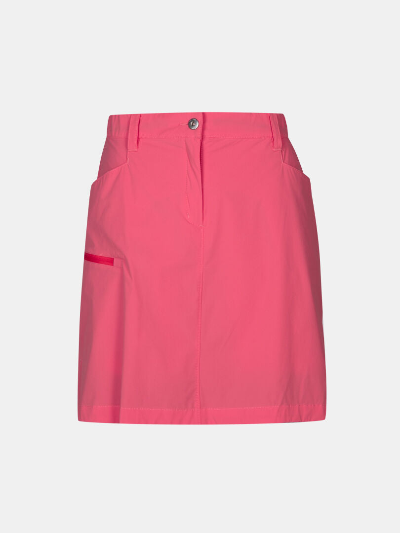 Halti Pallas Cool Skort Women's: straight-cut, knee-length pink skort with belt loops, side pockets, button & zip.