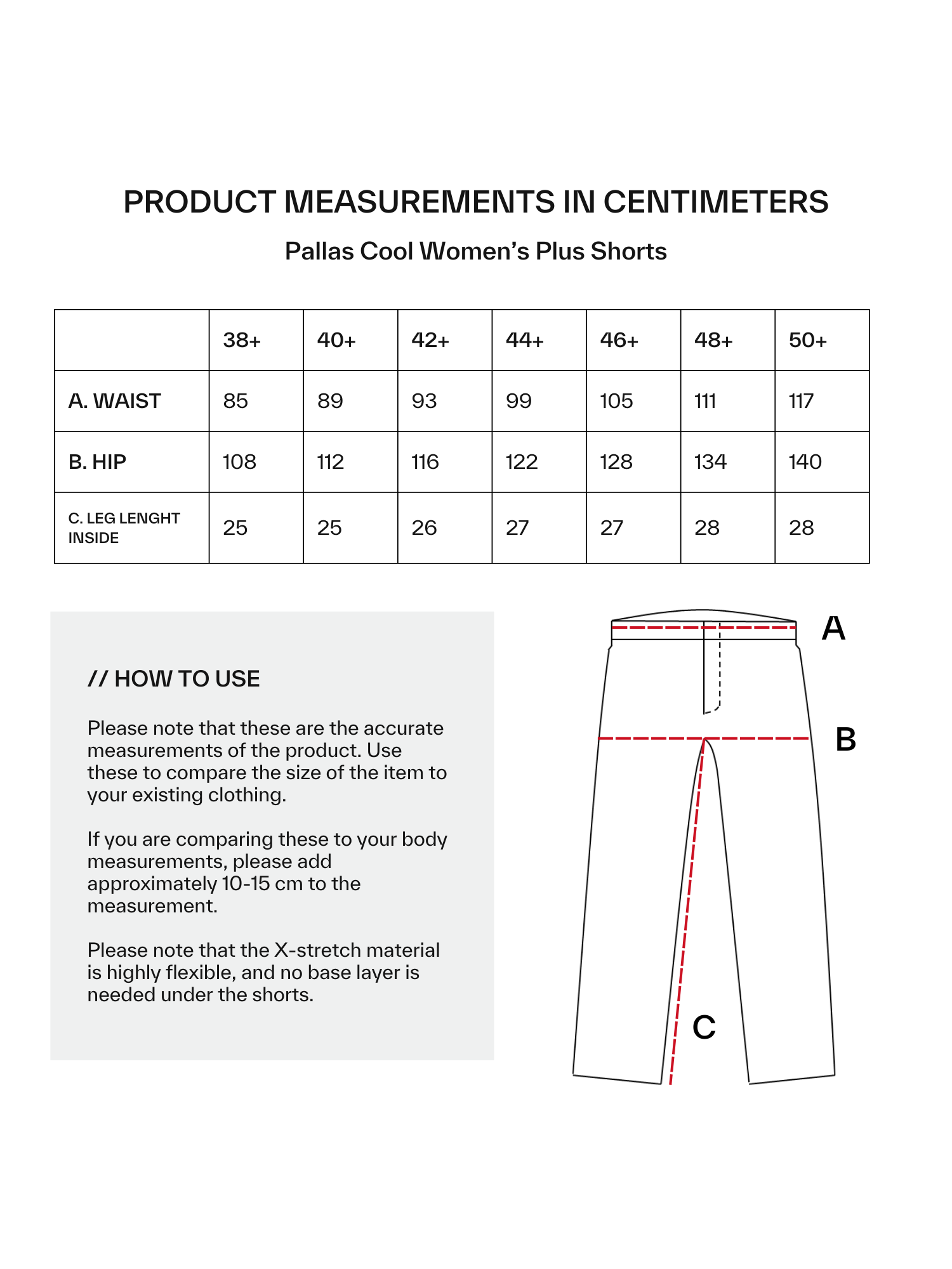 Product measurements for Pallas Cool shorts Women's Plus Size