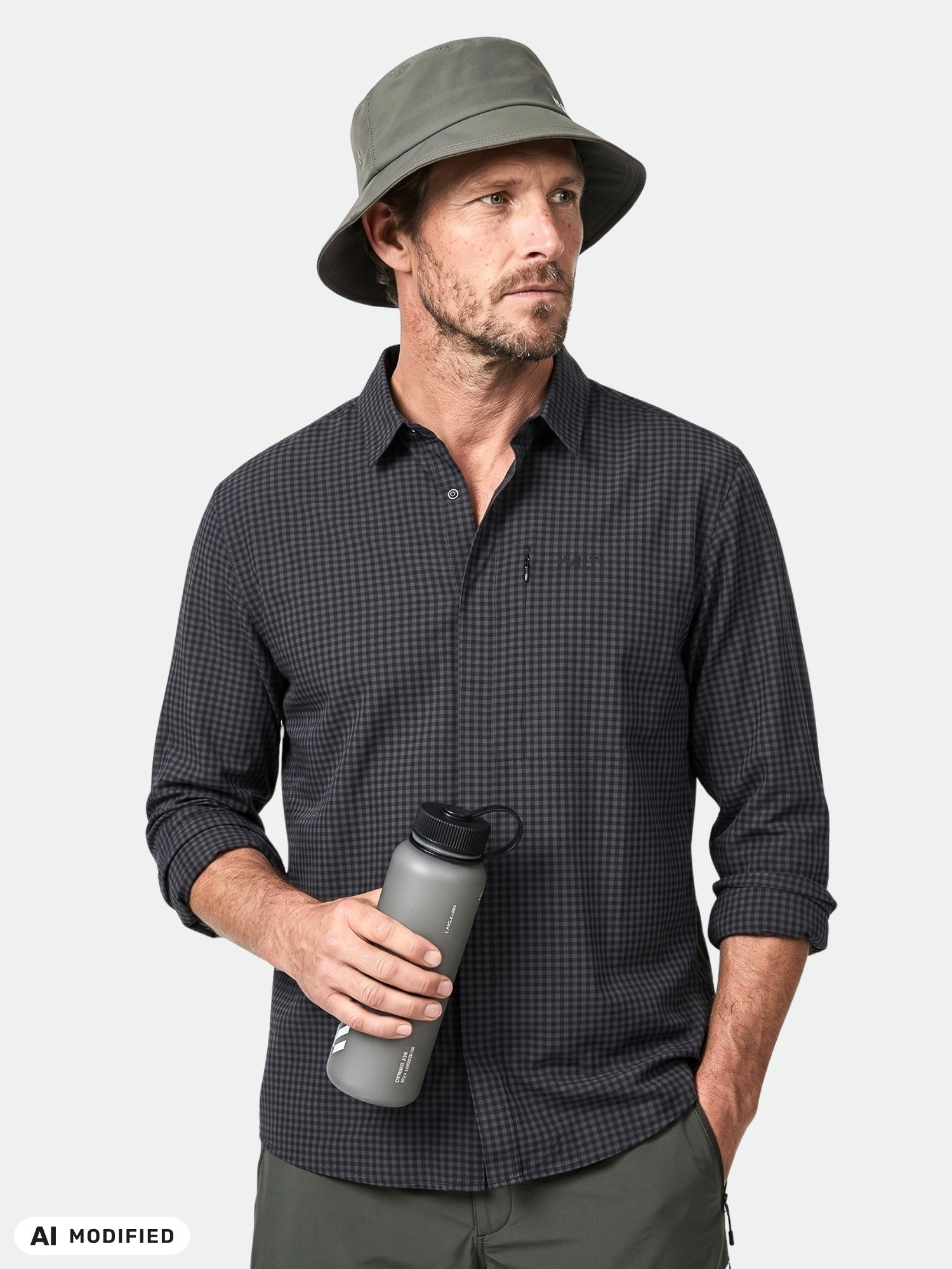 Man in a gray bucket hat and Halti Samoy Longsleeve Trekking Shirt, holding a water bottle against a plain background.