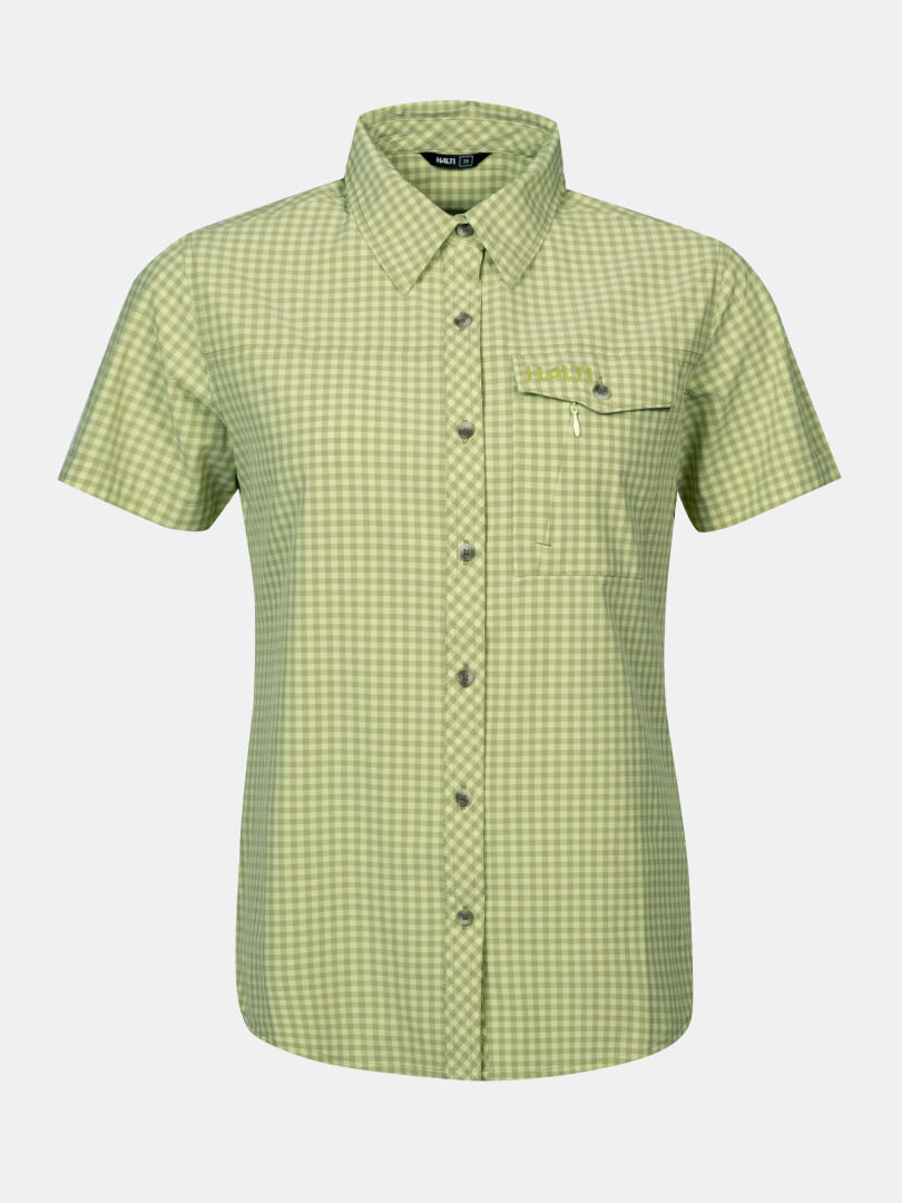 Halti Samoy Trekking Shirt Women's—green/white checks, short sleeves, front pocket, collar; shown on plain background.