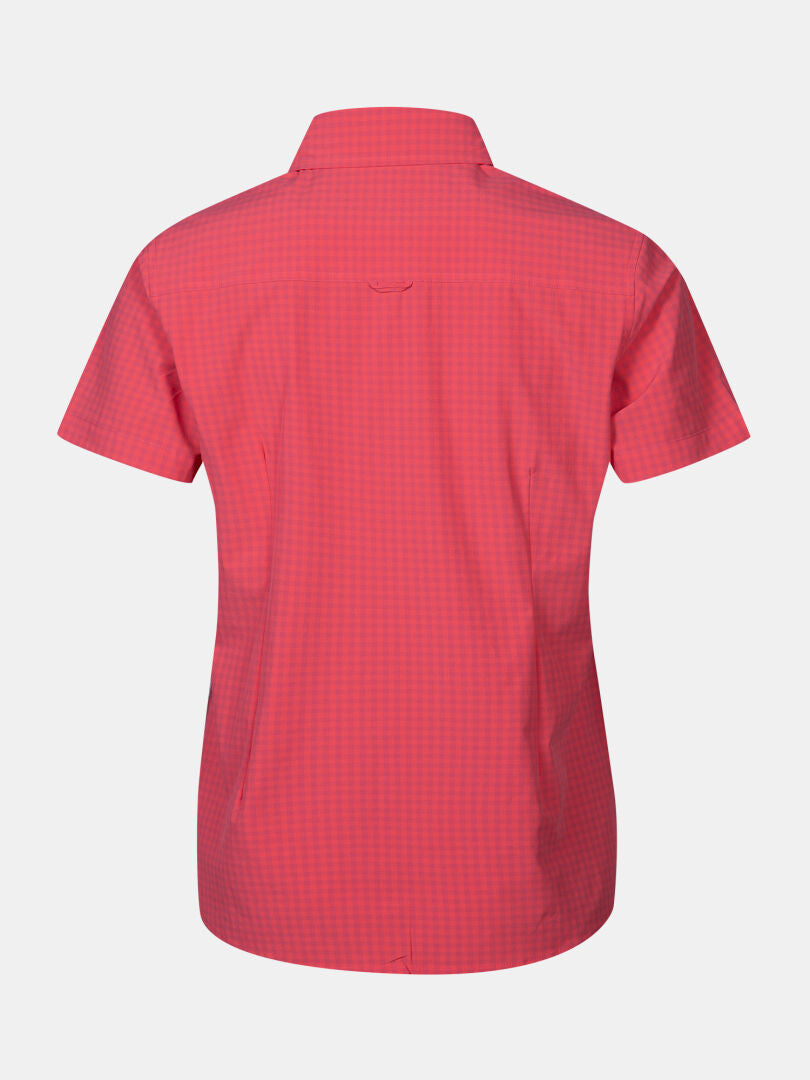 Back view of Halti Samoy Trekking Shirt Women's, pink checkered, short-sleeve, UPF 90+, on light background.