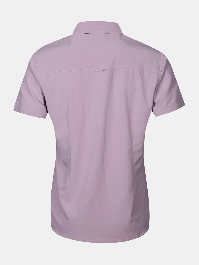 The Halti Samoy Trekking Shirt Women's in light purple, short sleeves, collared, shown from the back on white.