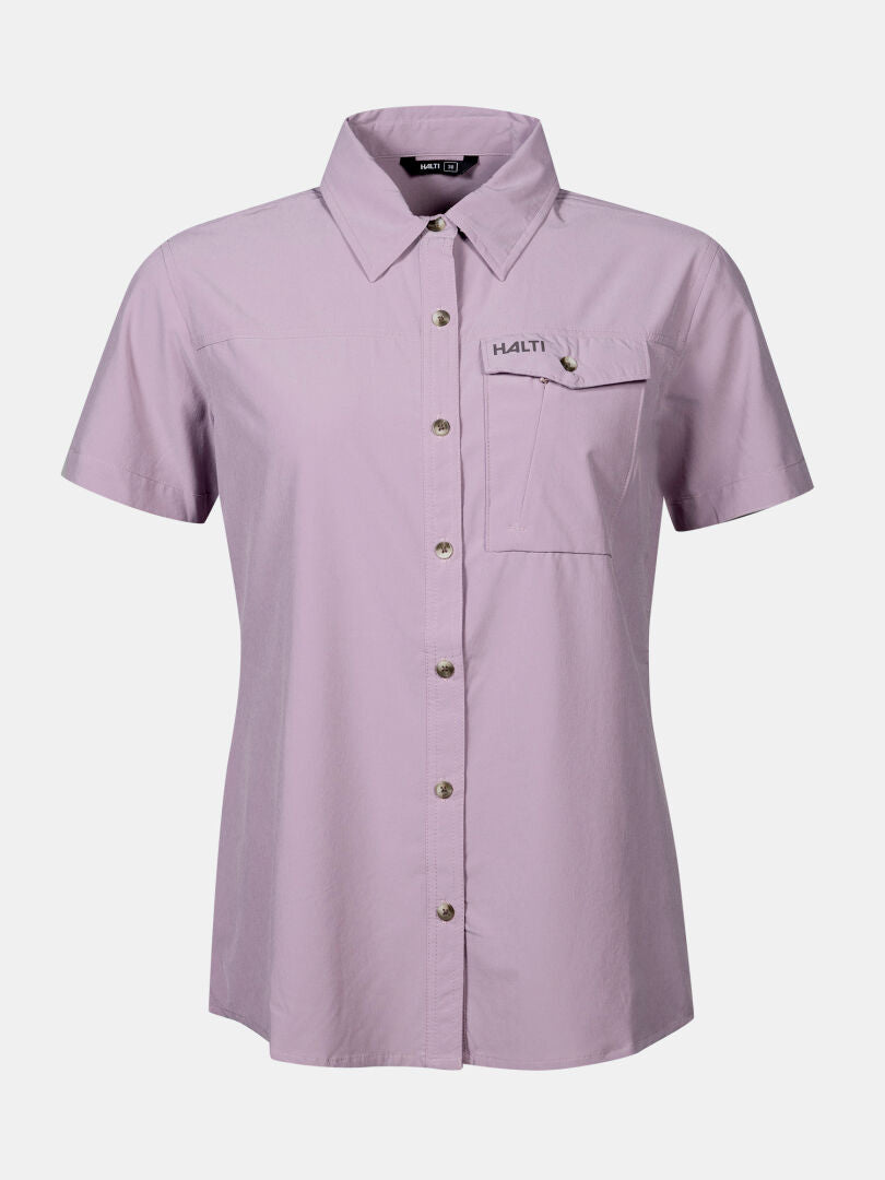 Light purple Halti Samoy Trekking Shirt Women's, chest pocket, UPF 90+, HALTI logo, on plain background.