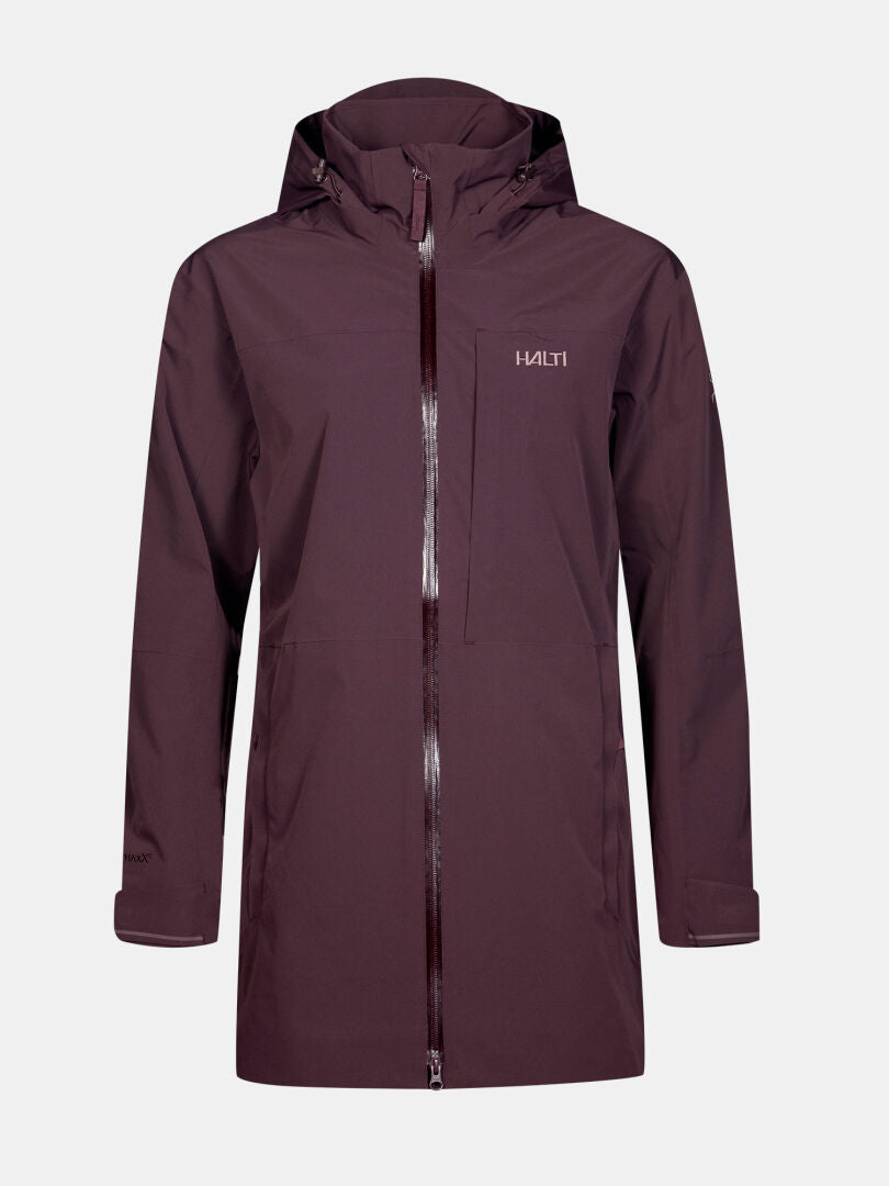 The Halti Valaja DX Parka Jacket Womens Plus is a dark maroon, hooded, waterproof coat with front zipper and logo.