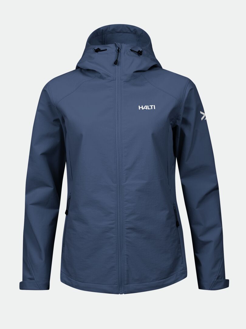 Halti Finholma X-stretch Womens Plus blue jacket with zippered pockets, logo, and white symbol on left sleeve.