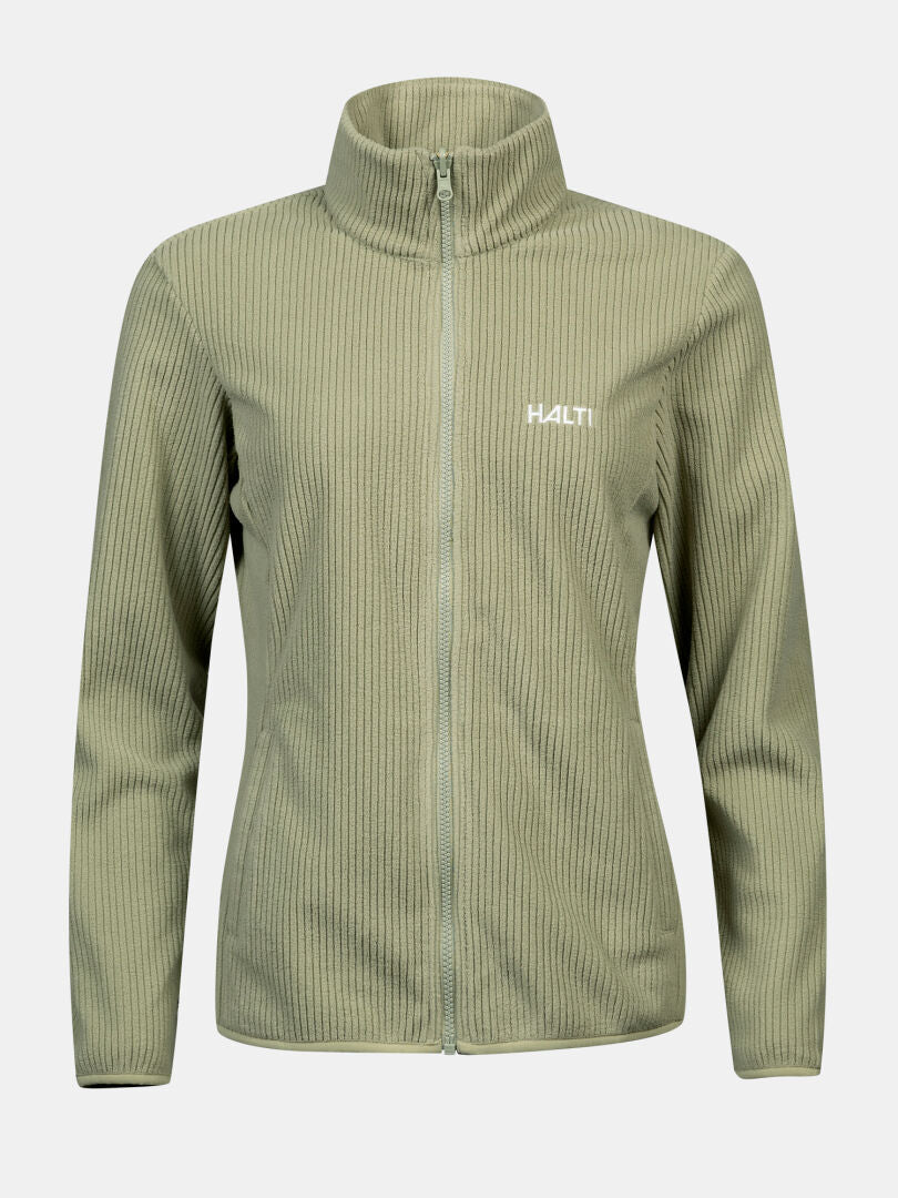 Halti Loito 3-in-1 DX Women’s zip-up, ribbed, light green jacket with long sleeves and stand collar.