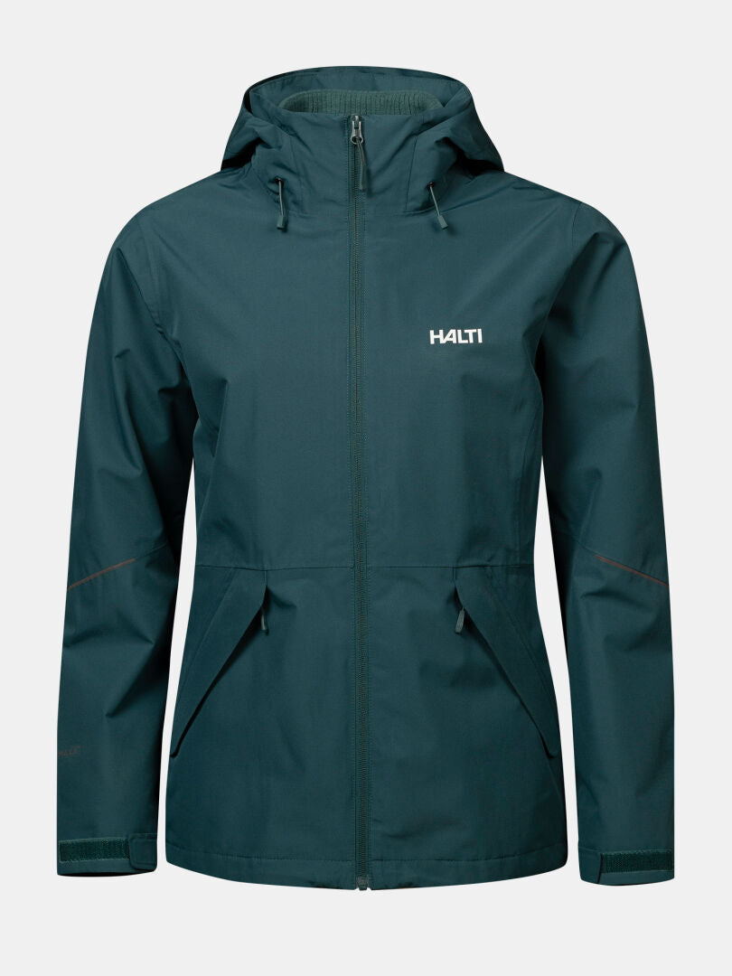 Loito 3-in-1 DX Jacket Women’s by Halti—dark green, waterproof, hooded, zip front, 2 pockets, logo on chest.