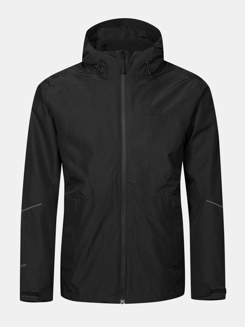 Halti Loito 3-in-1 DX Men’s jacket: black, hooded, zip-front, long sleeves, side pockets—built for any adventure.