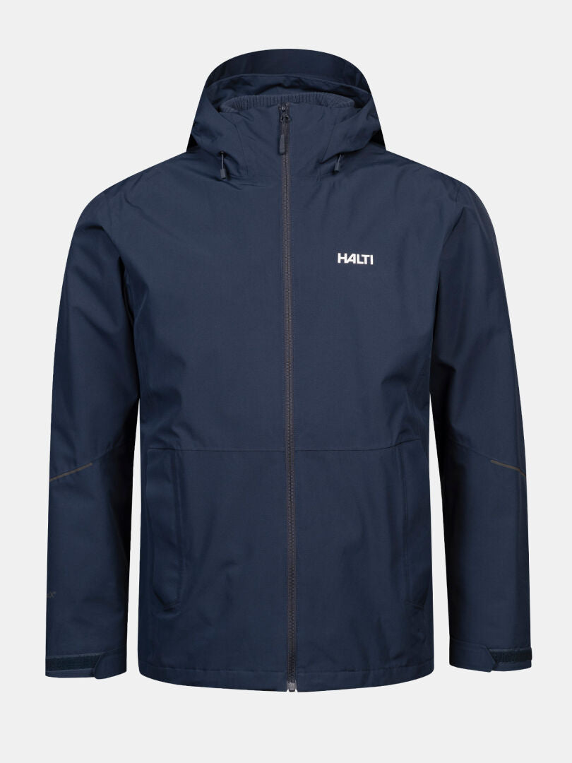 Halti Loito 3-in-1 men’s jacket in navy, with hood, front pockets, and Halti logo on the left chest.