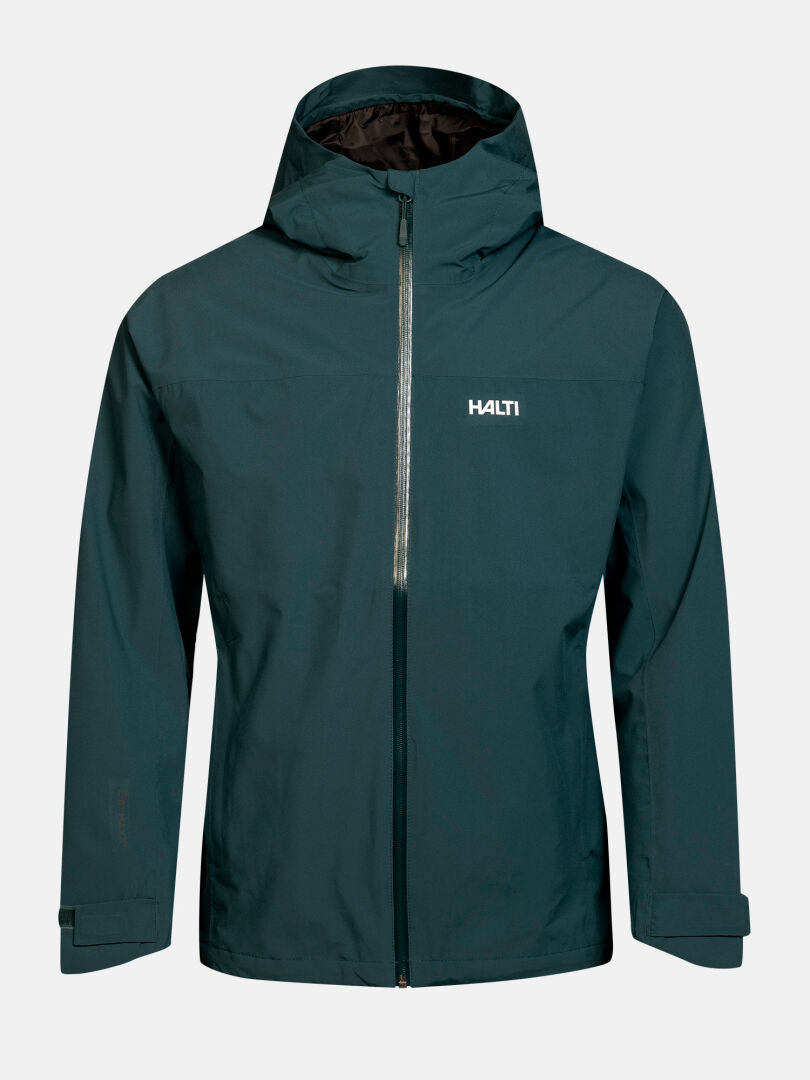 Halti Kaltimo DX Shell Jacket Men’s, teal, waterproof, breathable with front zipper and chest logo shown on white background.