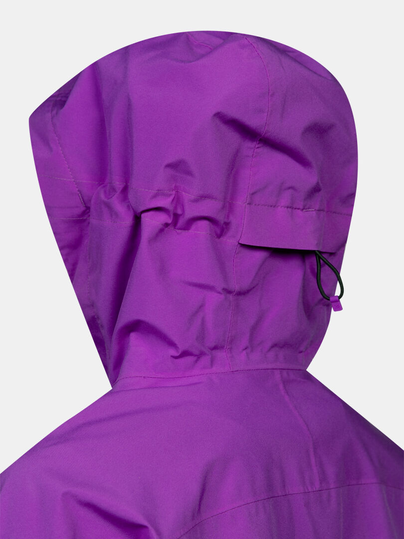 Close-up of Halti Kaltimo DX Jacket Women’s Plus: sporty back, adjustable drawstring, visible stitching, and purple hood.