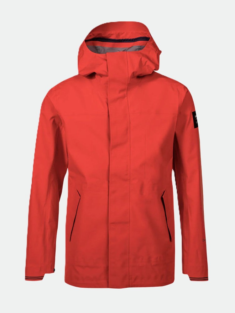 Halti Reissu Mens DX 3L Shell Jacket: red, waterproof, recycled polyester, zip front, side pockets, black sleeve logo.