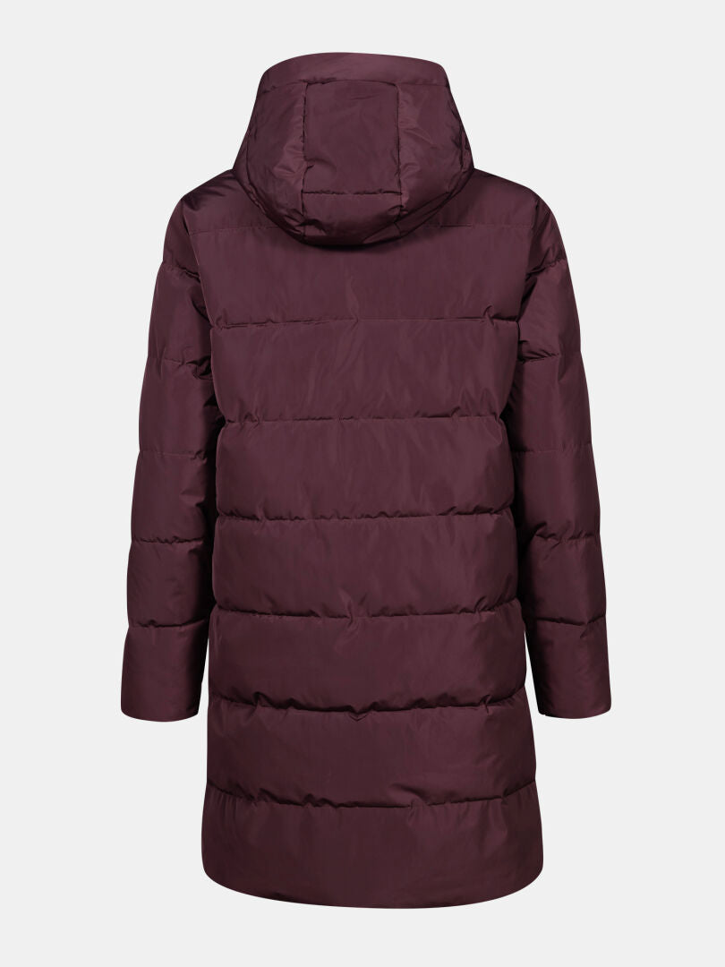 The Halti Linjat Parka Jacket Women's, maroon with a hood, shown from the back on a white background.