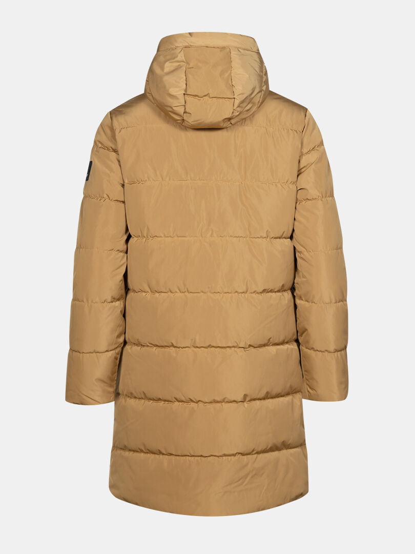 The Halti Linjat Parka Jacket Women's in tan, hooded and long-sleeved, shown from the back on a white background.