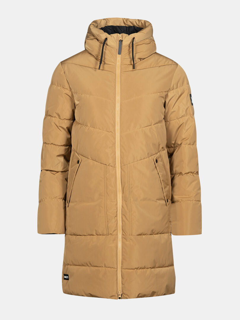 Halti Linjat Parka Jacket Women's in tan with hood, front zipper, and two side pockets, shown on a white background.
