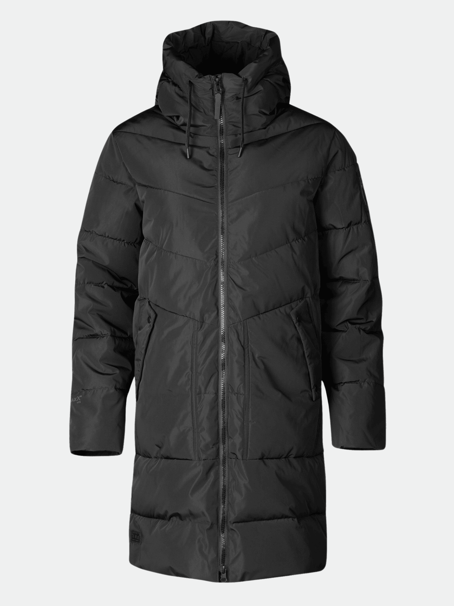 Halti Linjat Parka Jacket Women's: long black puffer with hood, front zipper, two pockets, windproof DrymaxX fabric.