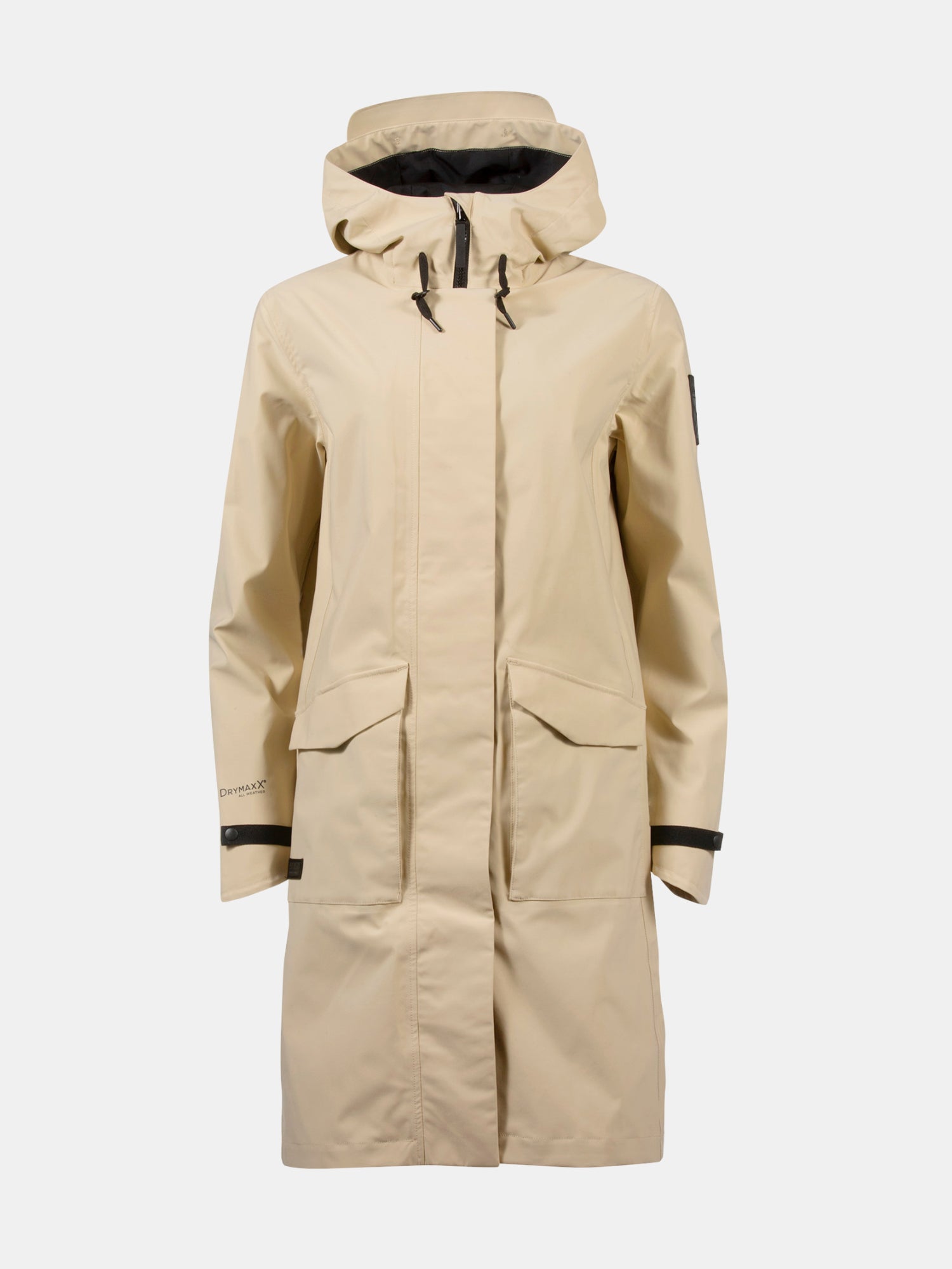 Halti Tokoi Womens DrymaxX Parka: beige, knee-length, black trim, drawstrings & front pockets. Waterproof fabric.