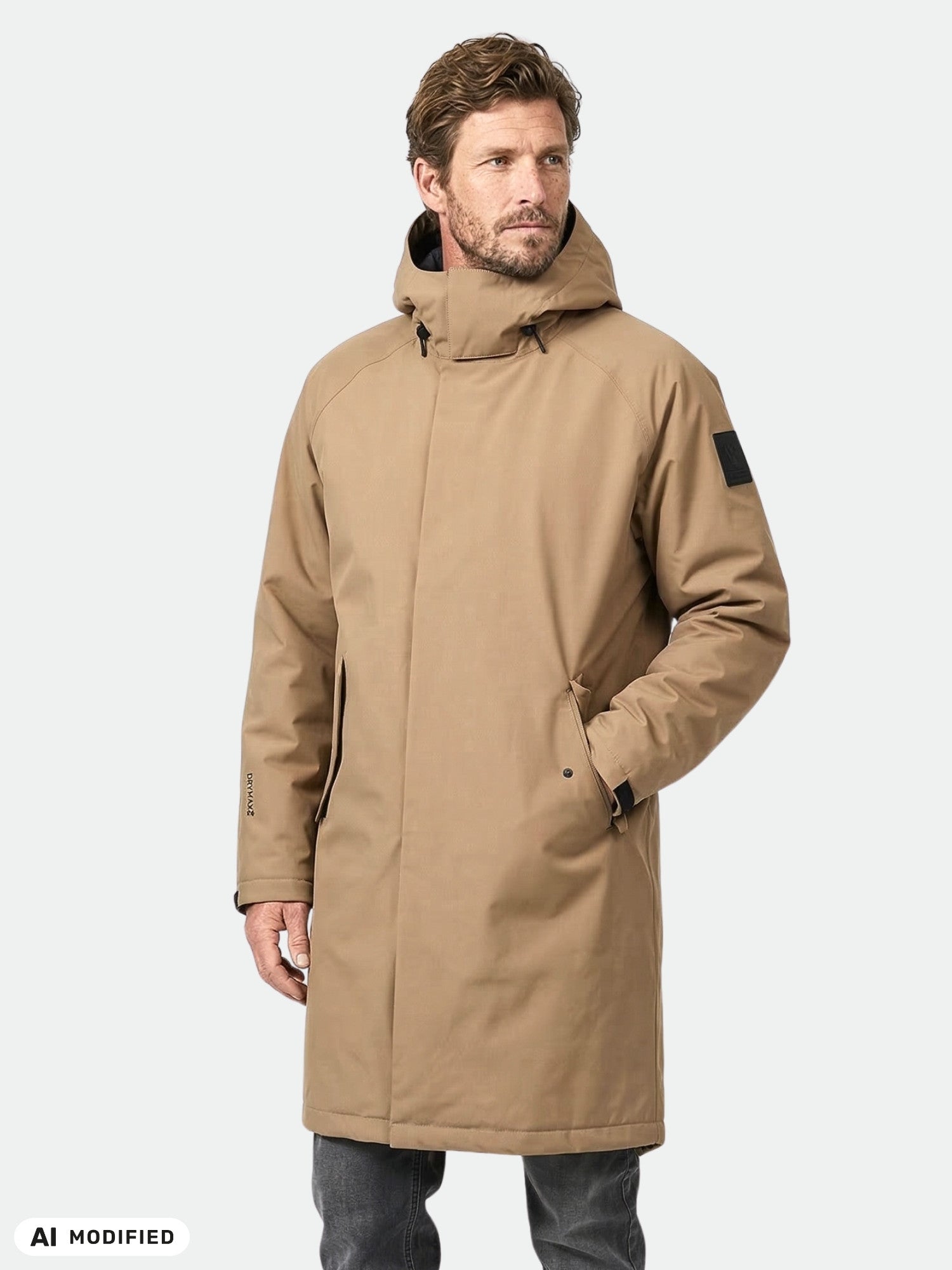 Man wears Halti Flemari DX Parka Jacket Unisex with tan hood, one hand in pocket, against a plain light background.