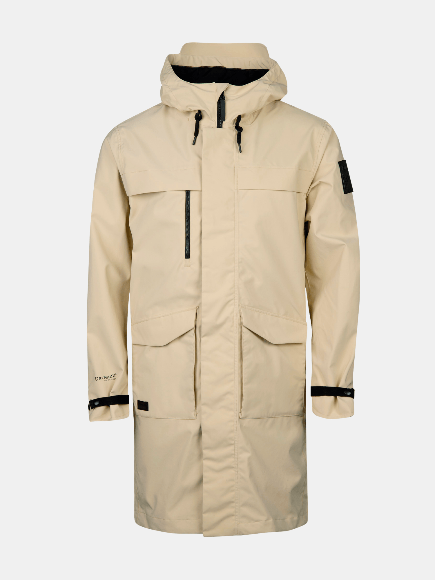 Halti Tokoi Mens DrymaxX Parka Jacket in beige with black zippers, front pockets, and sleeve patch on white background.