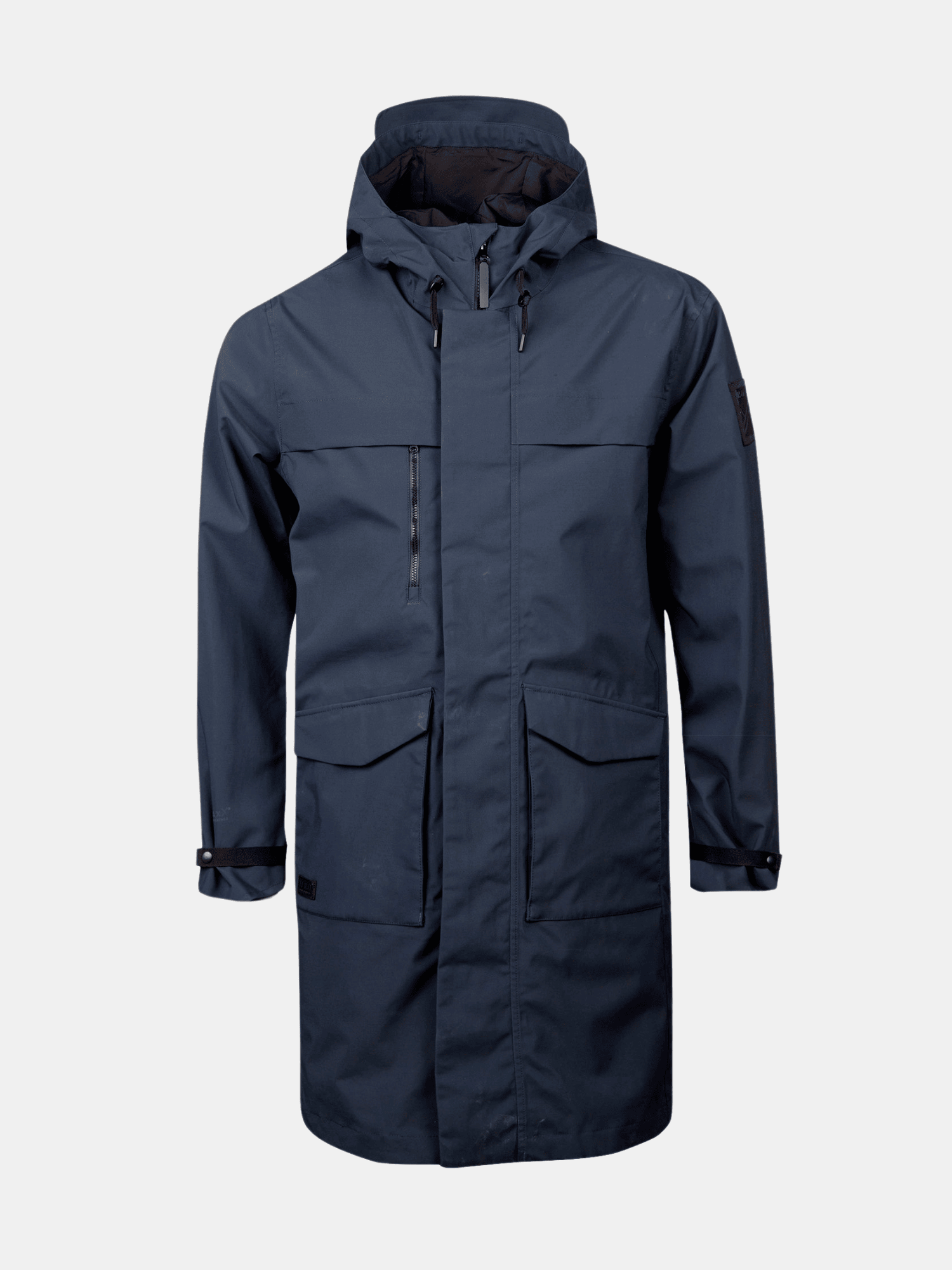 Halti Tokoi Mens DrymaxX Parka Jacket in navy blue with front pockets and adjustable cuffs, on a plain light background.