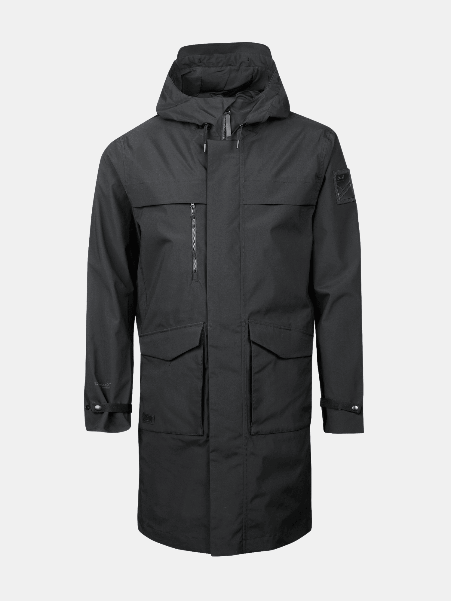 Haltis Tokoi Mens DrymaxX Parka Jacket: black, waterproof, with hood, pockets, and adjustable cuffs.
