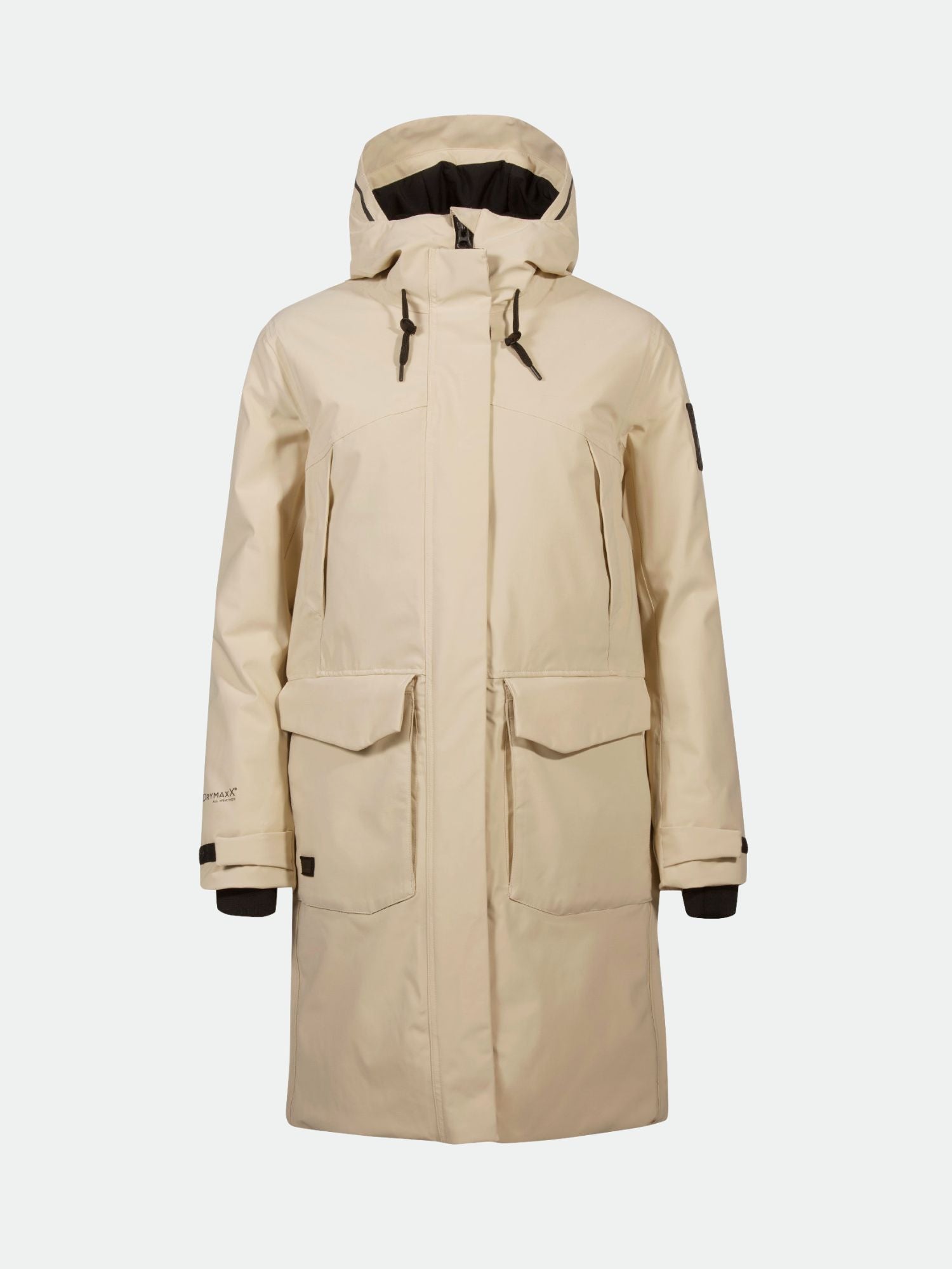 The Halti Bergga Women's DrymaxX Winter Parka is beige with front flap pockets and black accents on cuffs and drawstrings.