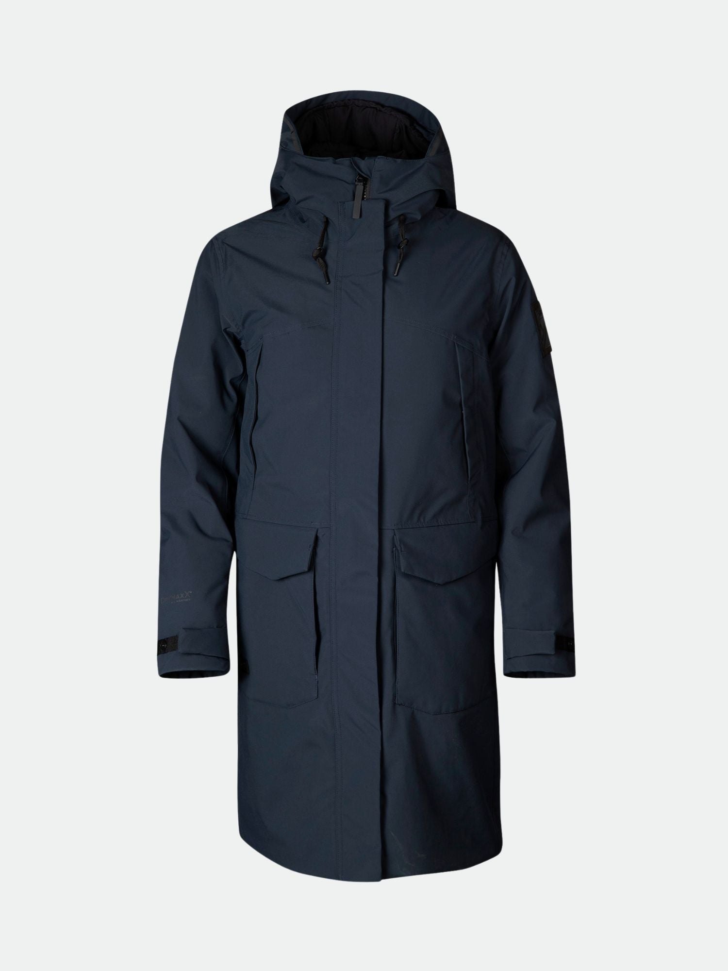 The Halti Bergga Women's DrymaxX Parka, in dark blue with front pockets and zipper, shown on a plain light background.