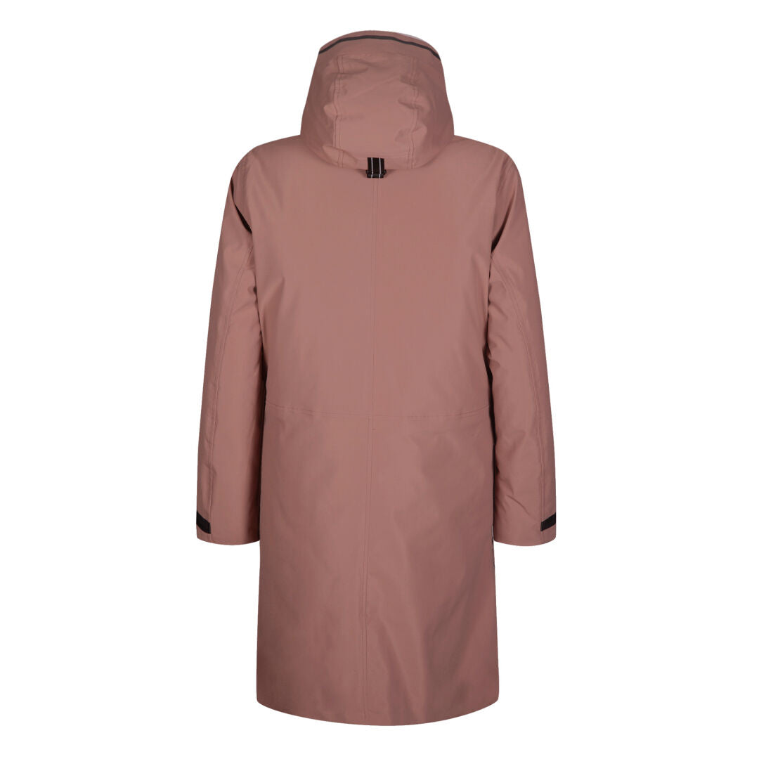 The Halti Bergga Women’s DrymaxX Winter Parka in dusty rose features black accents and reflective hood and cuff details.