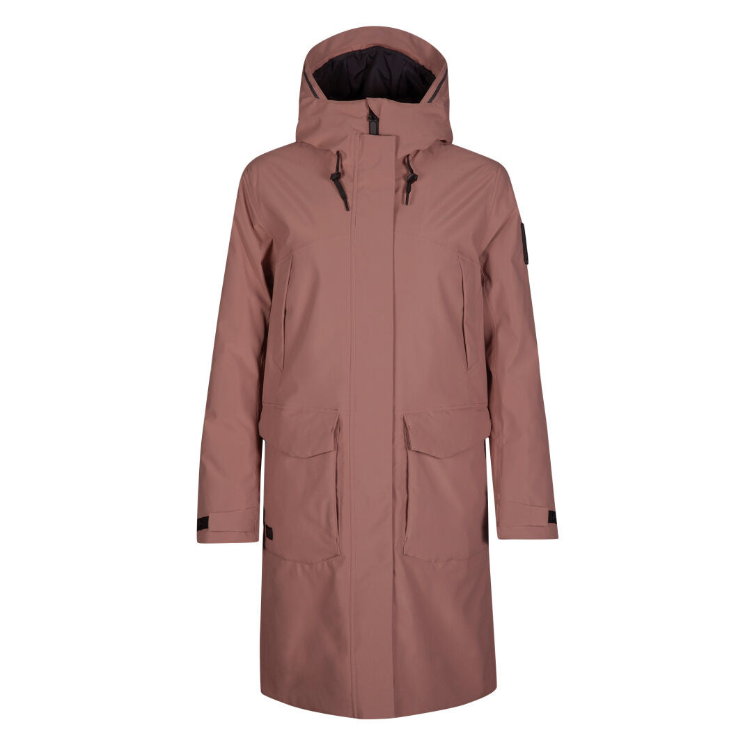 Halti Bergga Womens DrymaxX Winter Parka: mauve, long, front zipper, large pockets, and adjustable cuffs.