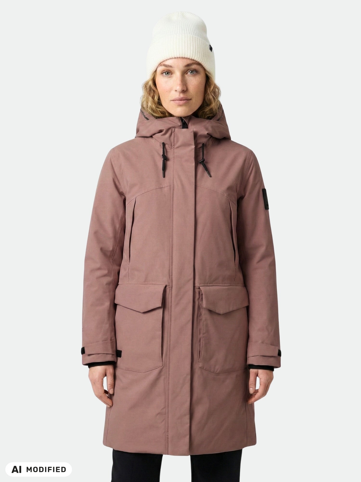 Woman wearing Halti Bergga DX Winter Parka in mauve with white beanie, standing by a light gray background.