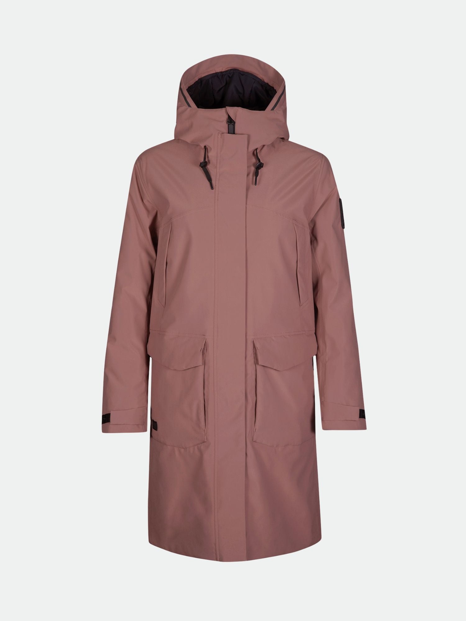 Halti Bergga Women's DrymaxX Parka: mauve winter jacket with flap pockets, adjustable straps, and urban style.