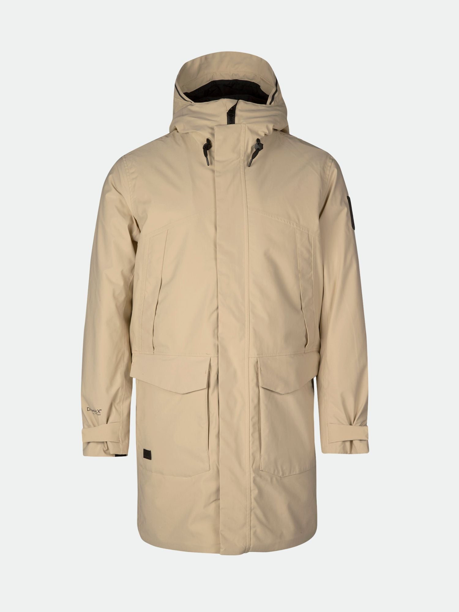 Halti Bergga Men's DrymaxX winter jacket in beige with front zipper, flap pockets, and adjustable cuffs.