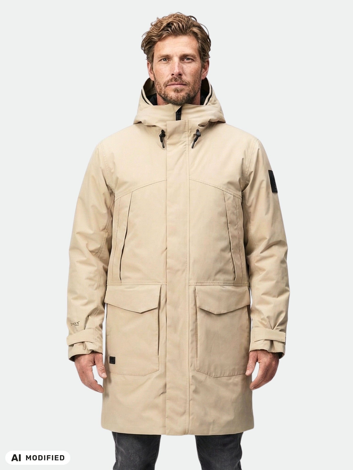 Man models Halti Bergga DX Winter Parka, technical design with large front pockets, against a plain backdrop.