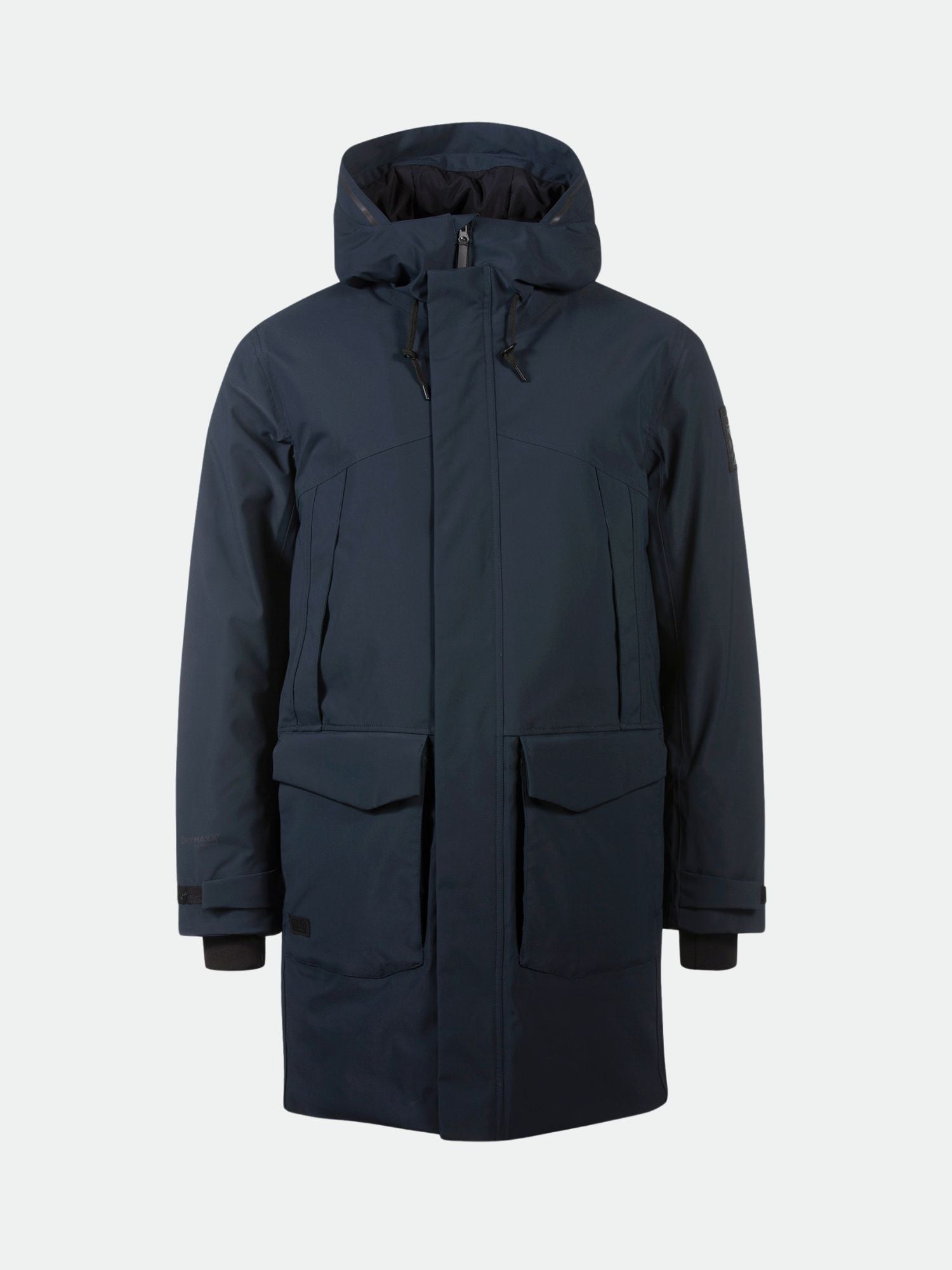 Halti Bergga DX Winter Parka Men's: dark blue, front flap pockets, zipper, adjustable cuffs, and warm hood.