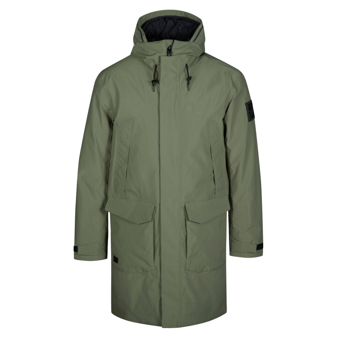 Halti Bergga Mens DrymaxX Winter Jacket in olive green with front zipper, large pockets, and adjustable cuffs.