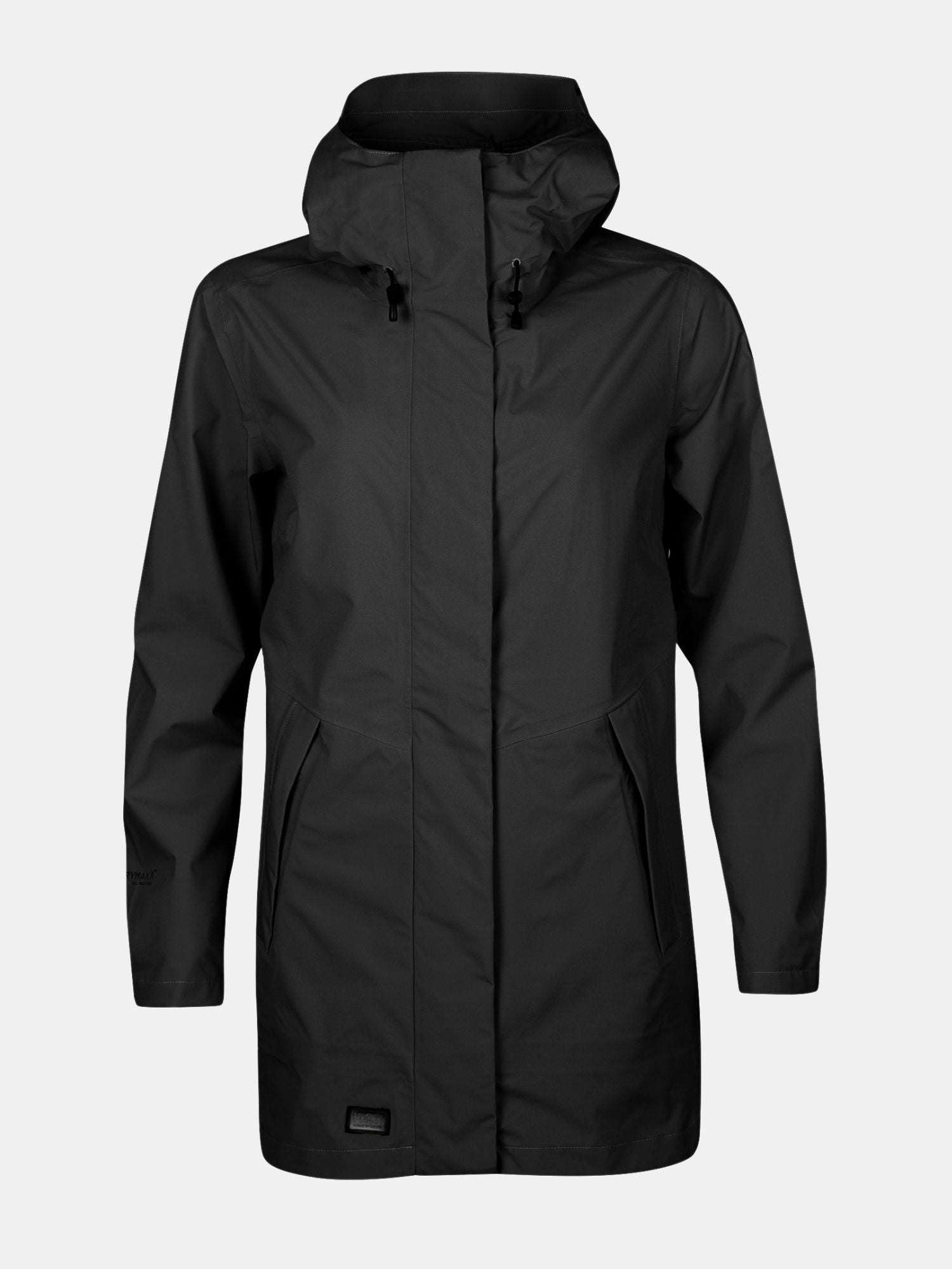 Halti Kurvi DX 3L Women’s Parka—black, lightweight, hooded, waterproof jacket with zip front and side pockets.