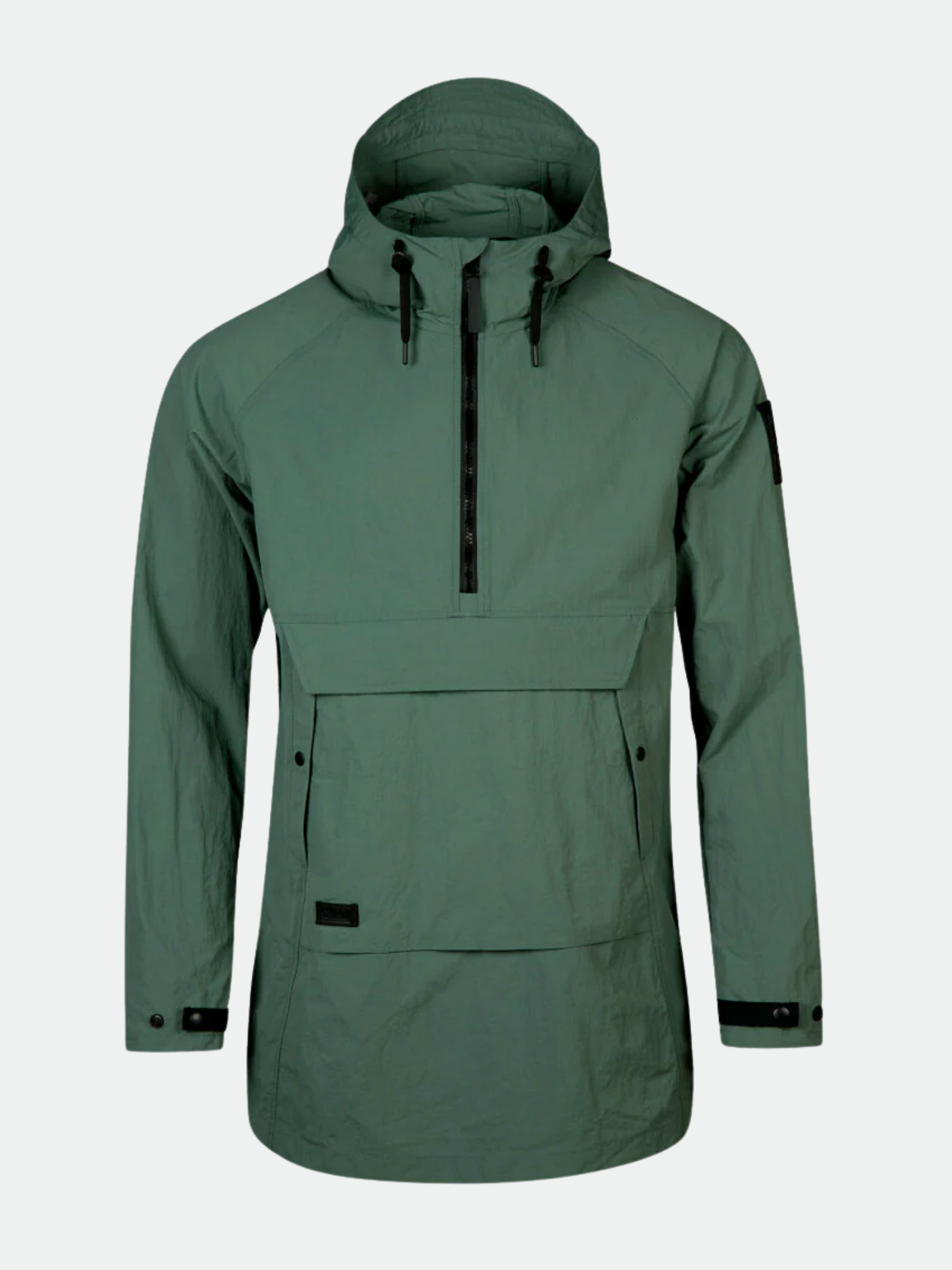 The Halti Blosis Unisex Anorak is a green pullover with a chest zipper, front pocket, and wrist snaps on a plain background.