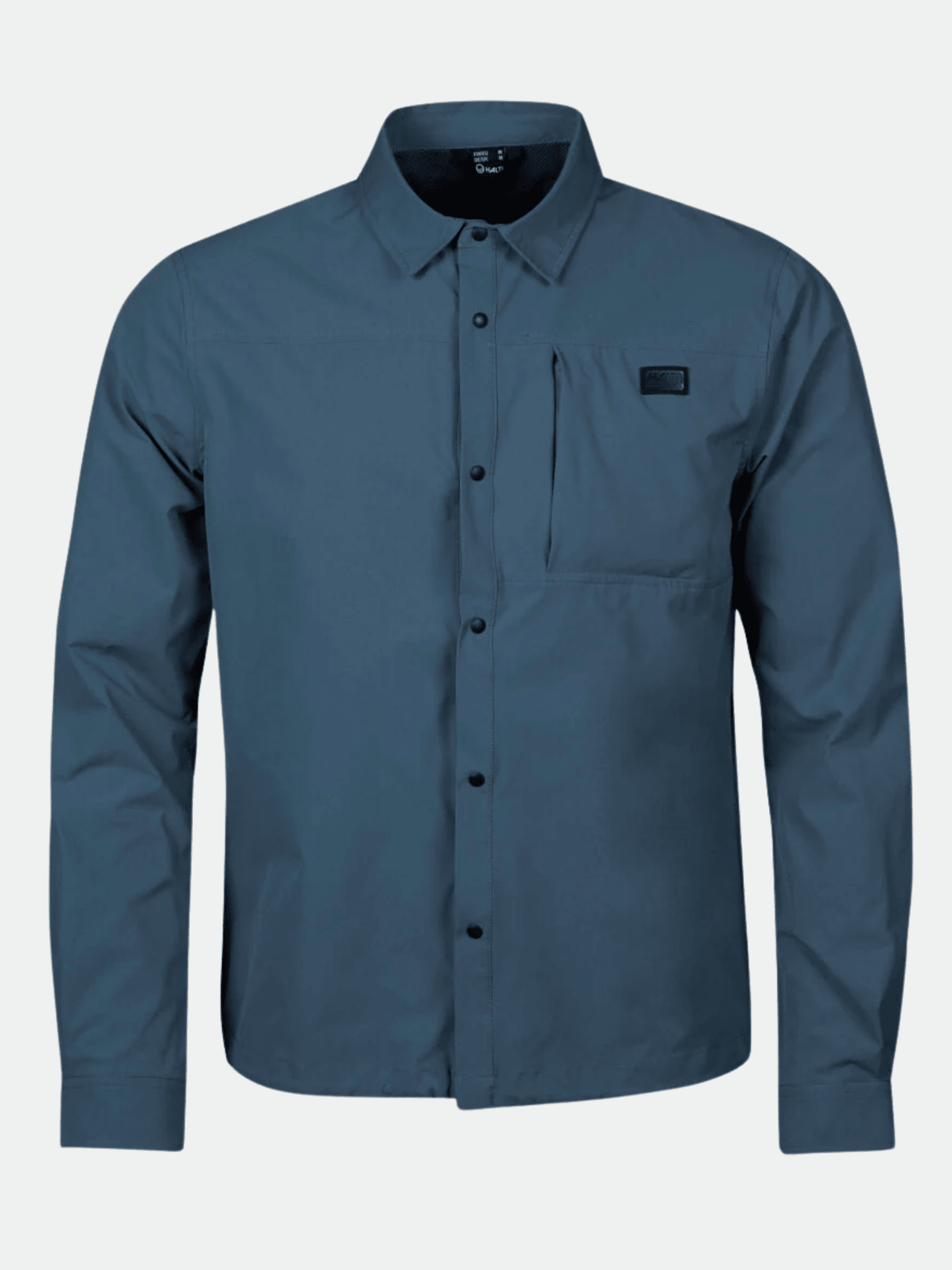 The Halti Bluusi Unisex Shirt is a blue, long-sleeve button-up with breathable fabric, chest pocket, and logo patch.